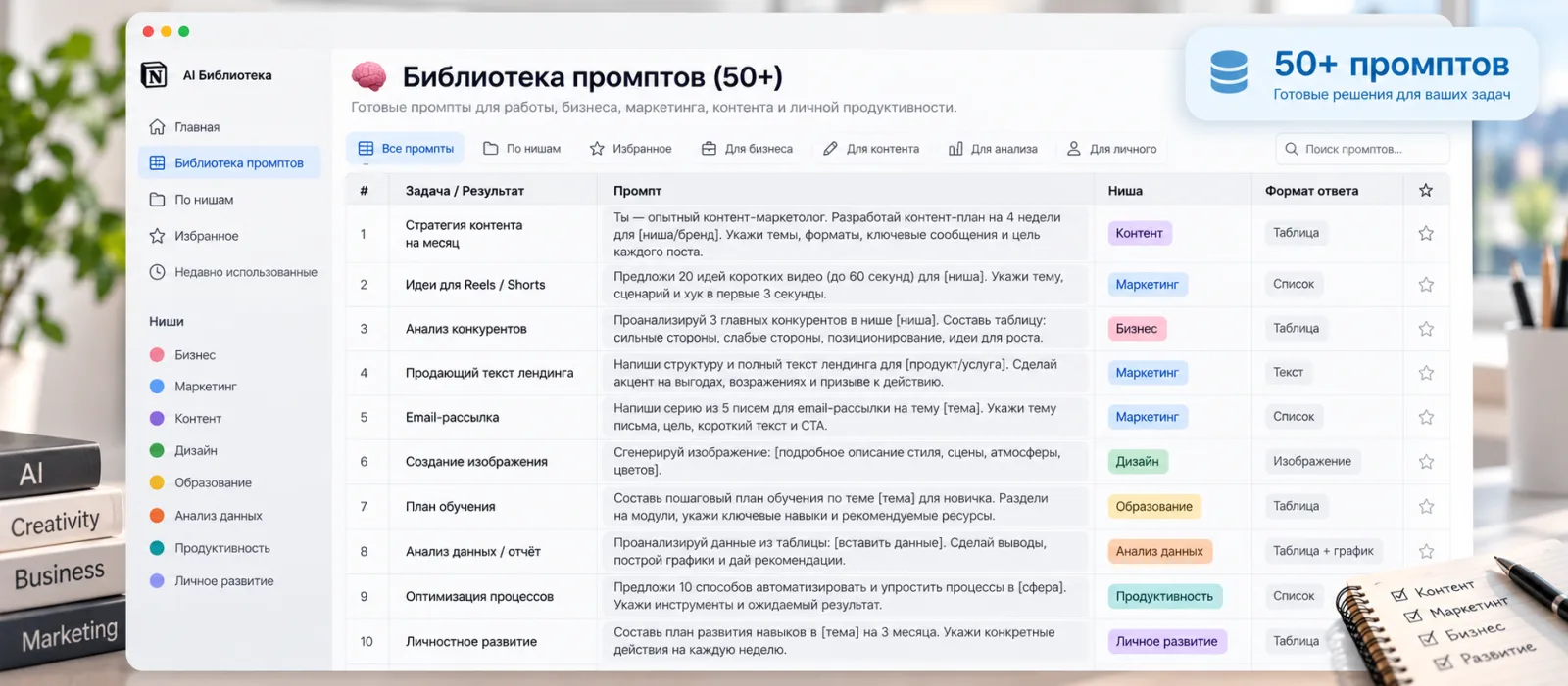 Библиотека из 50+ промптов в Notion: задача, промпт, ниша и формат ответа