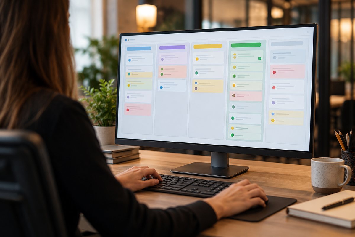 CRM-воронка с этапами сделок на мониторе